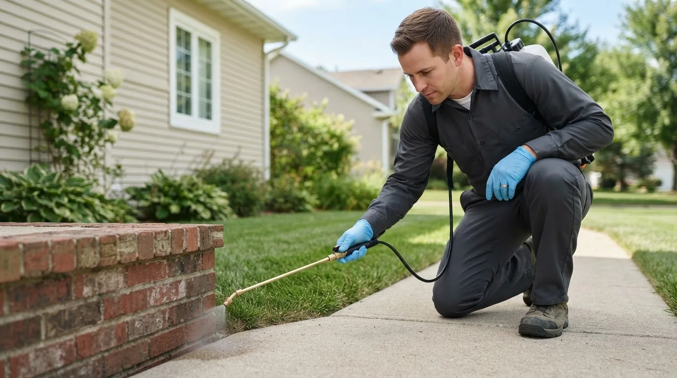 Pest control technician treating a home near Greeley, IA