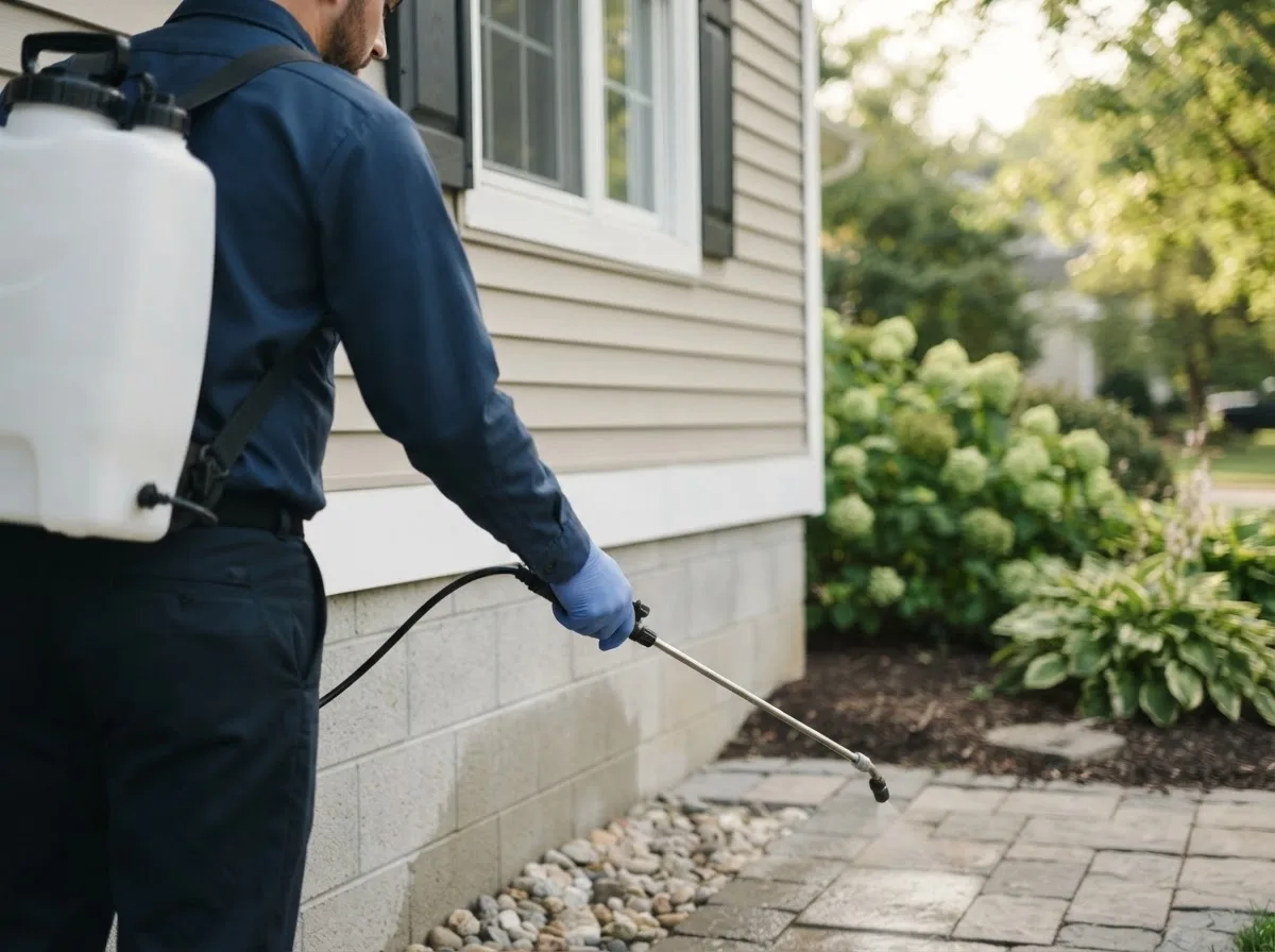 Pest control technician inspecting a home in Greeley, IA